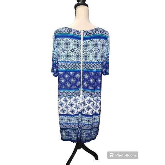 Eliza J Geo Striped Shift Dress Blue Stretchy Lined Size 14W NWT - Picture 2 of 11